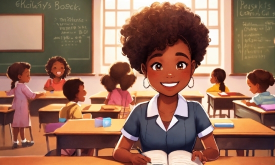 Hairstyle, Table, School Uniform, Jheri Curl, Sharing, Happy