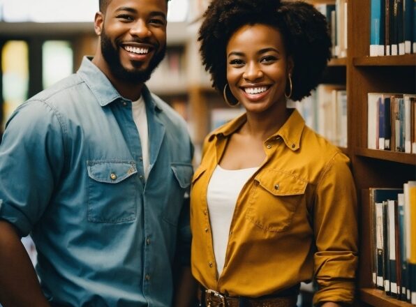 Smile, Jeans, Hairstyle, Bookcase, Shelf, Facial Expression