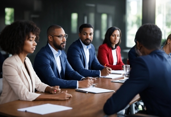 Table, Interaction, Conference Room Table, Tie, Suit, Sharing