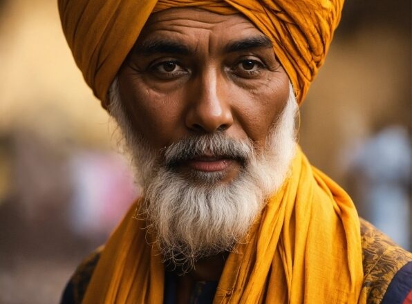 Clothing, Forehead, Face, Eye, Orange, Turban