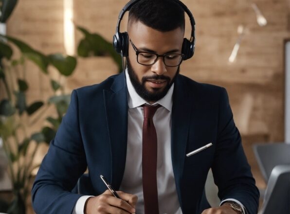 Glasses, Microphone, Table, Tie, Spokesperson, Laptop