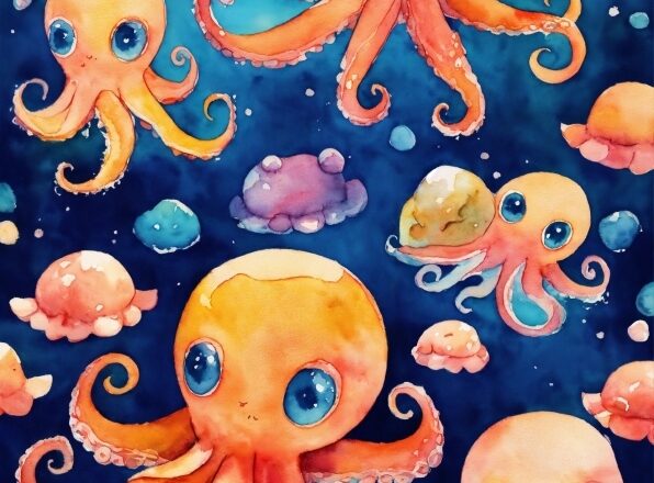 Marine Invertebrates, Light, Blue, Azure, Cartoon, Octopus