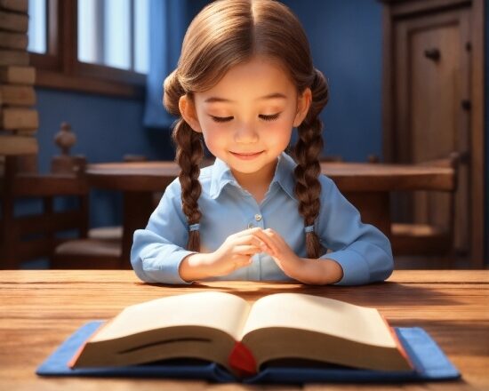 Hair, Smile, Table, Book, Happy, Wood