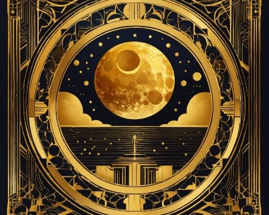 Moon, Gold, Font, Art, Astronomical Object, Circle