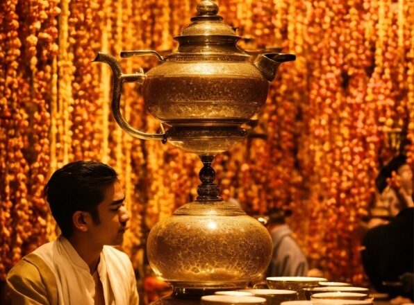 Tableware, Temple, Lighting, Yellow, Hat, Table