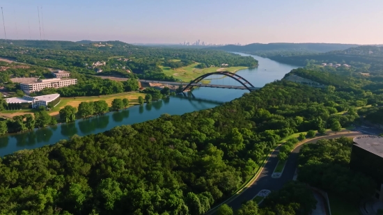 Copyright Free Background Video Download, River, Steel Arch Bridge, Bridge, Water, Landscape