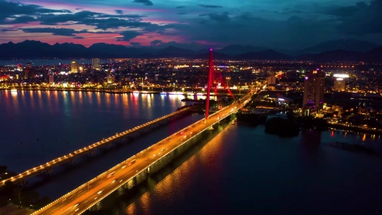 Flying Through Clouds Stock Footage Free, Night, Bridge, City, Waterfront, Pier